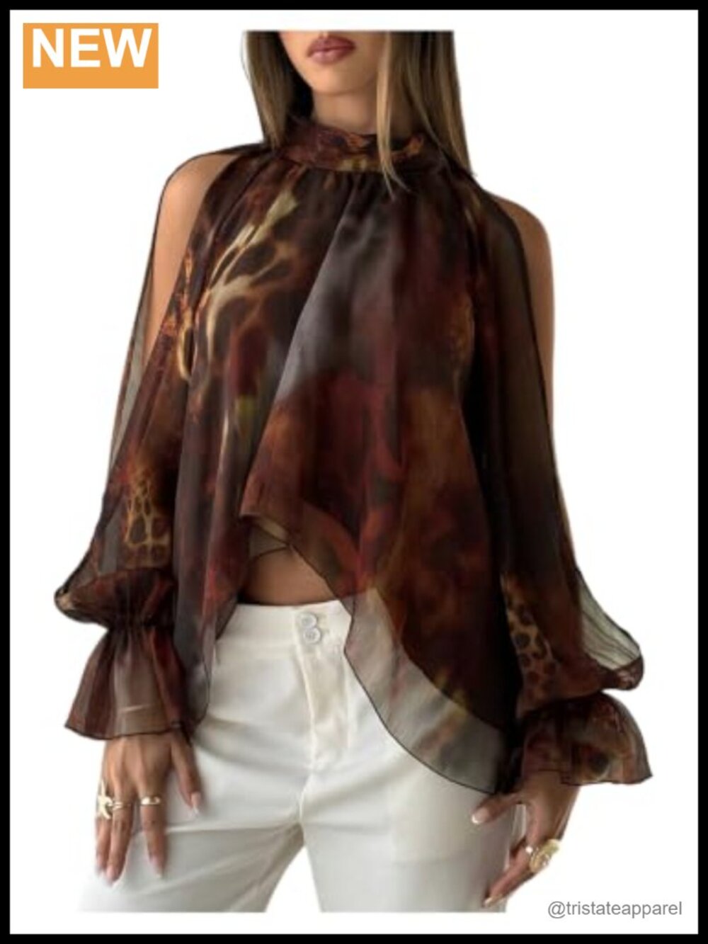 Women's Leopard Print Sheer Chiffon Cold Shoulder Blouse Long Sleeve Mock Neck